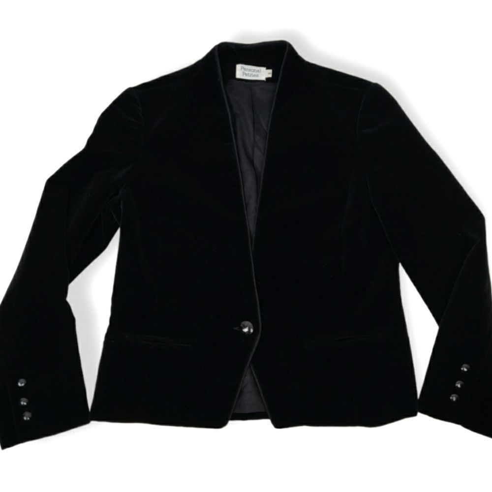 PERSONAL PETITES BLACK VELOUR VELVET CLASSIC ONE BUTTON FITTED VINTAGE BLAZER S